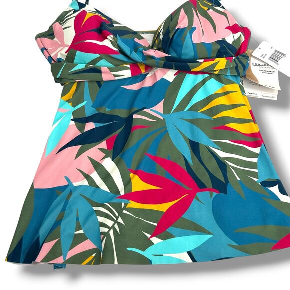 NEW Contours Coco Reef Tankini Top SZ 16 Bra Size 40C Olive Green Blue Tropical - Picture 5 of 12